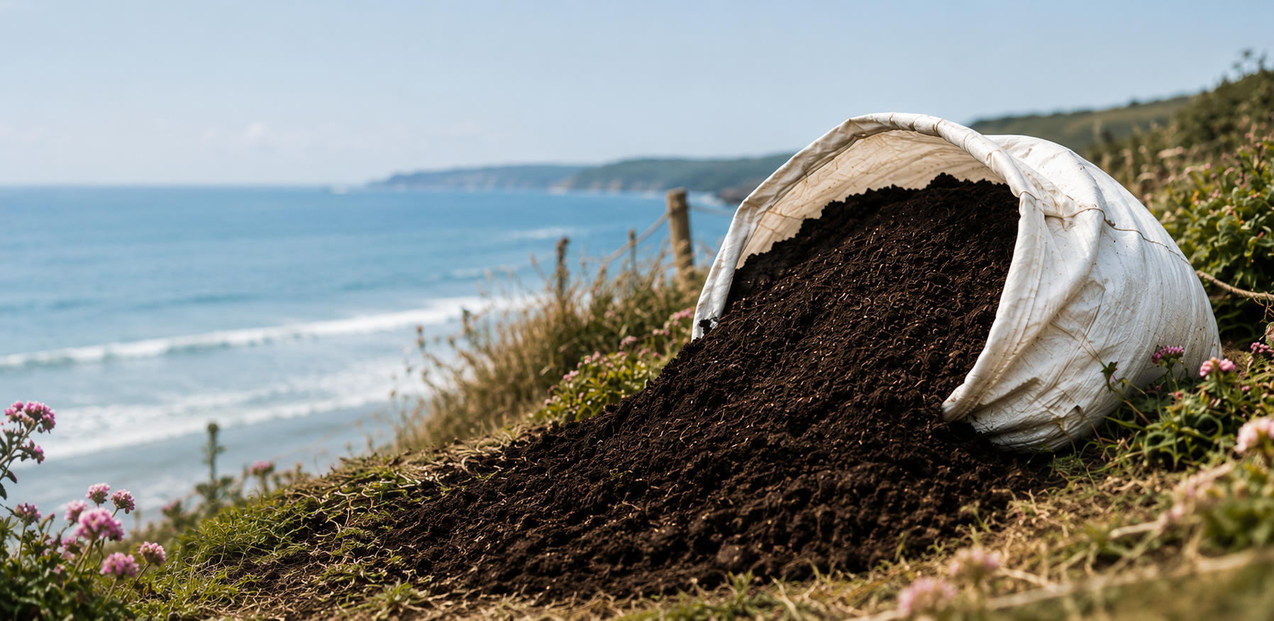 Coastal Compost spilling from a sack on a Cornish clifftop above the sea