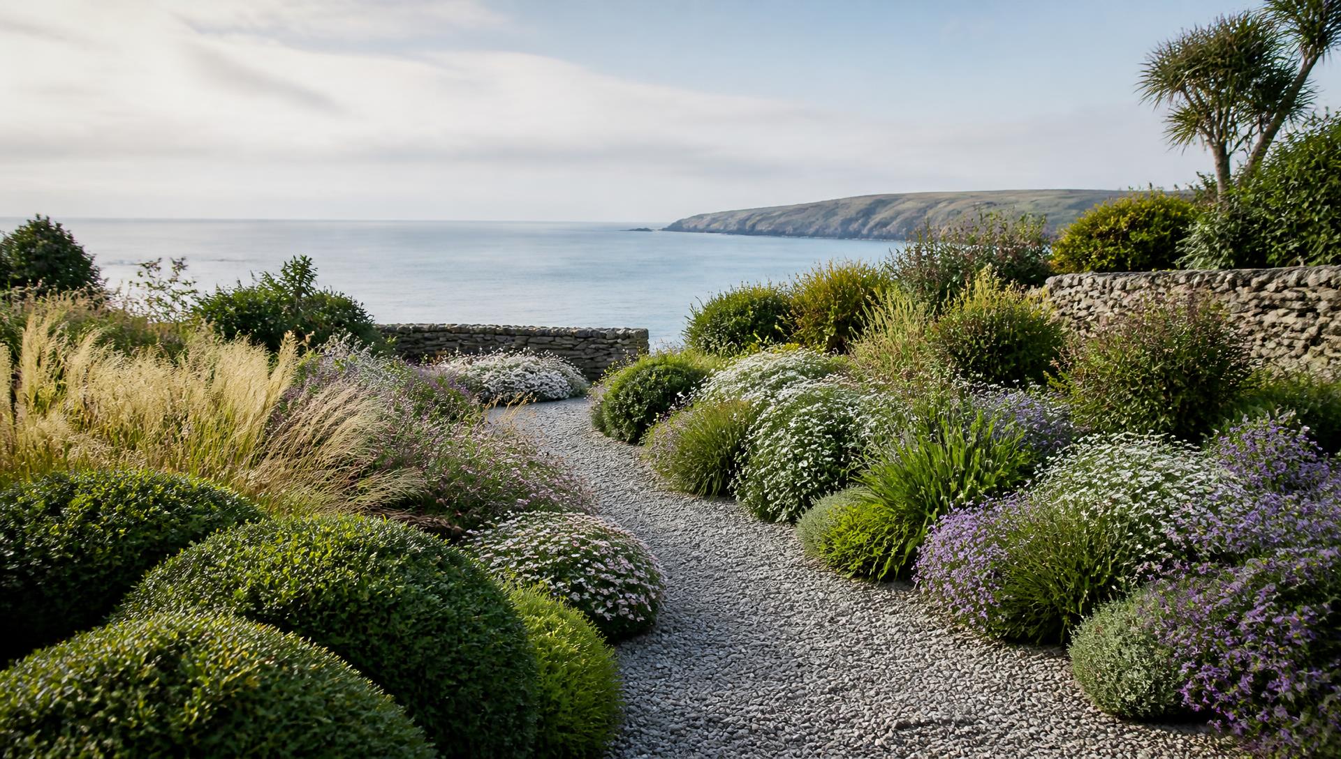 A coastal garden in Cornwall with grasses and clipped shrubs above the sea